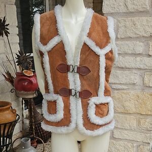 Vintage PYPSA Mexico Tan Suede Faux Fur Sherpa Lining Boho Vest 40 [L]